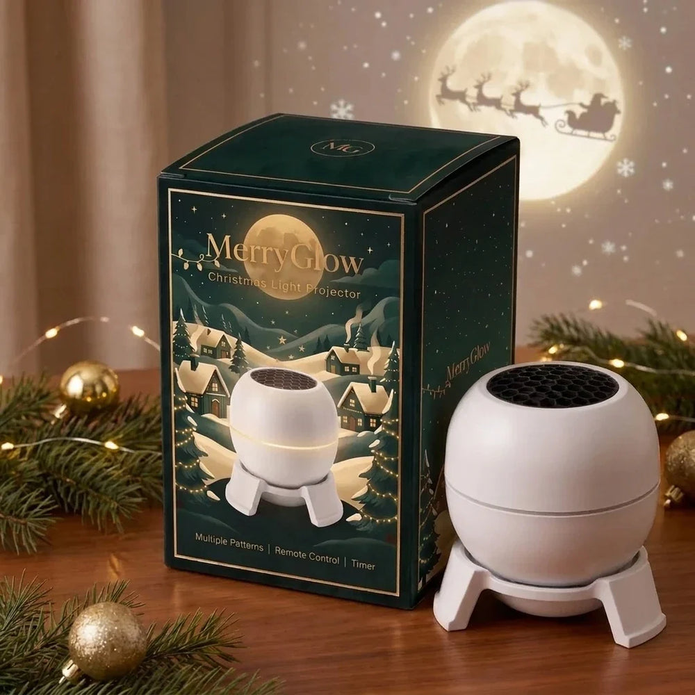 Pyzanto Christmas Light Projector with gift box and projected Christmas scene